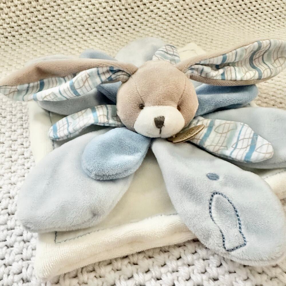 Doudou et Compagnie Blue Bunny Flower Petal Celestin Baby Lovey Security Blanket - Picture 2 of 10